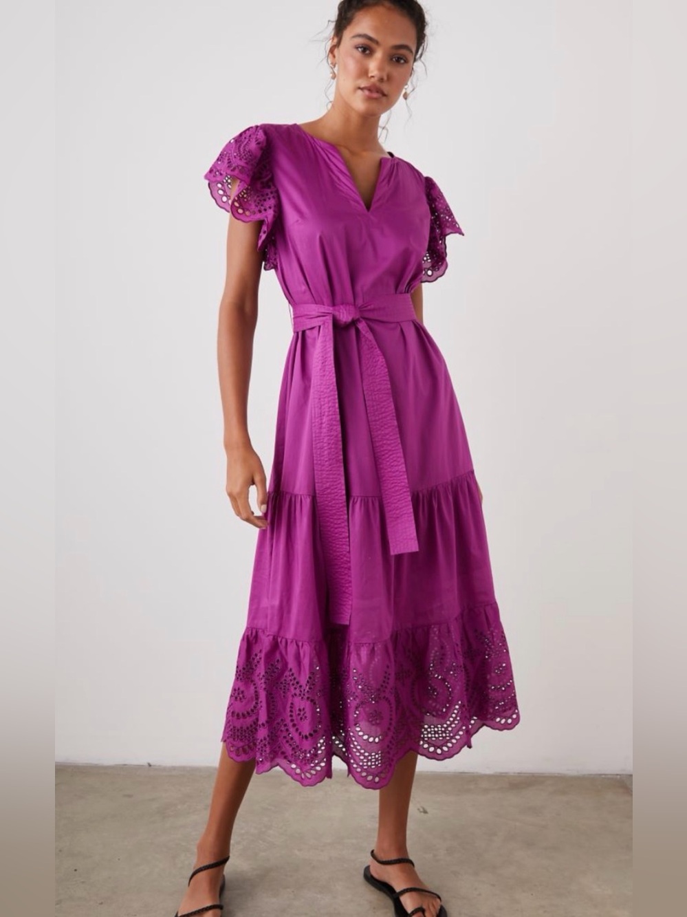 Rails Size XS • Purple Cotton Eyelet Midi Flutter Sleeve Belted Dress.
